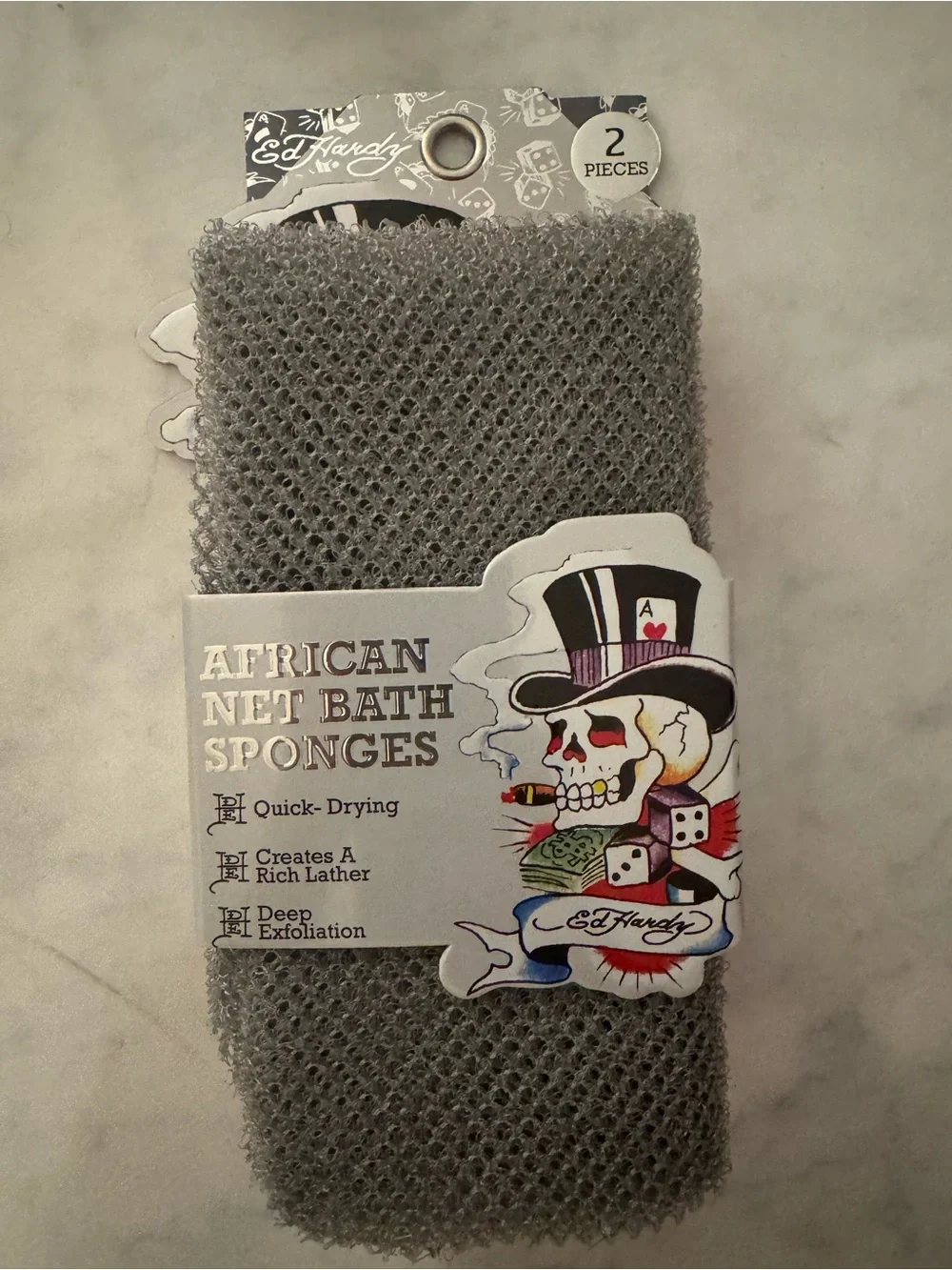 Ed Hardy 2 Pack Gray Exfoliating African Net Bath Sponges NWT